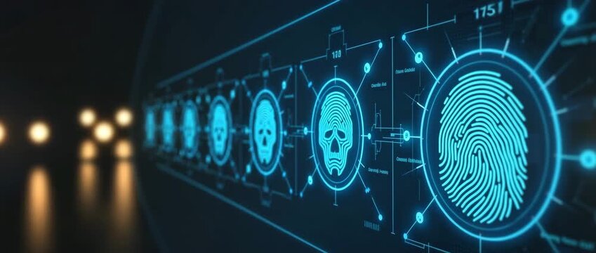 Futuristic digital fingerprint interface glows softly, while the camera slowly pans across a high-tech, cinematic control room, with ambient lights flickering gently in the background.