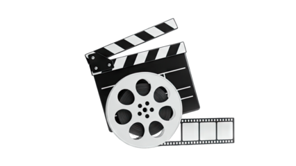 Movie Clapperboard with Film Reel and Strip on White Background