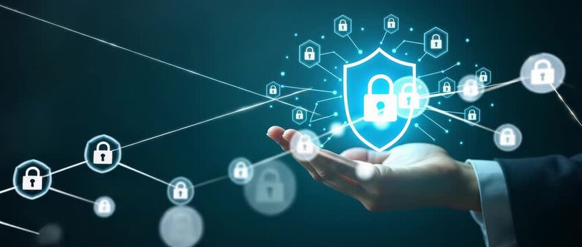 Business hand supports a digital shield with a lock, symbolizing cybersecurity; camera slowly pans as glowing network connections pulse, creating a futuristic, cinematic atmosphere.