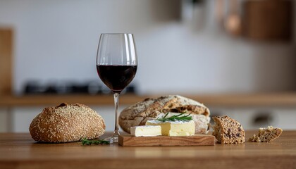 Rustic artisan bread, a sophisticated glass of red wine, and creamy butter with fresh herbs arranged on a wooden table, creating a cozy gourmet culinary scene in a modern kitchen setting