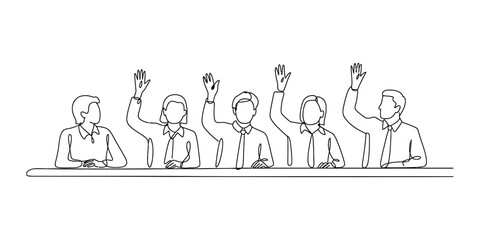 A group of individuals raising hands in a meeting or classroom setting, continuous line drawing Vector, illustration