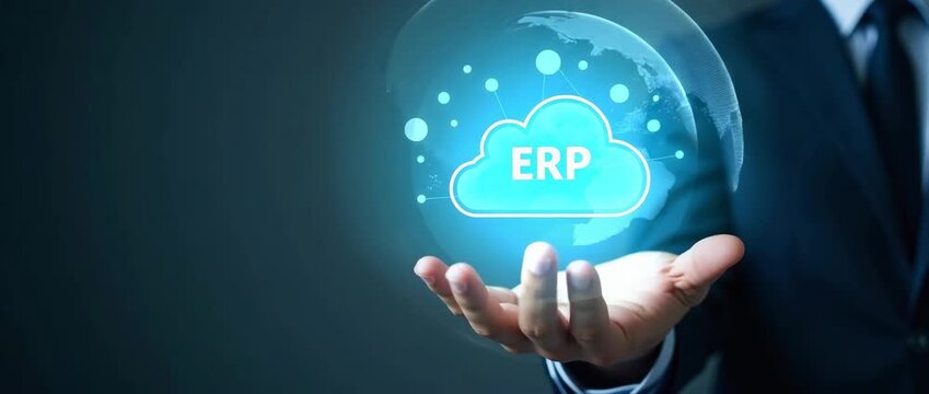 Businessman presents floating ERP cloud icon; slow camera pan enhances the professional, innovative atmosphere; ambient digital elements subtly animate, creating a dynamic, cinematic scene.