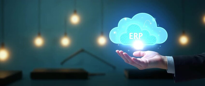 Hand gently raises a glowing ERP cloud icon in a sleek, digital workspace; camera pans slowly as ambient lights flicker, creating a modern, cinematic technology scene.