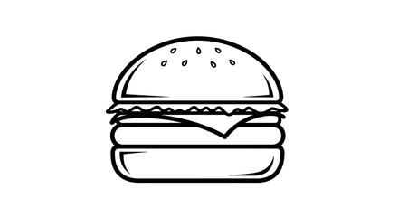Fototapeta premium Minimalist Black Line Art Drawing Of A Hamburger With Sesame Seeds Cheese Lettuce And Beef Patty On A Clean White Background