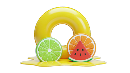Summer Fruits and Inflatable Ring on Yellow Splash
