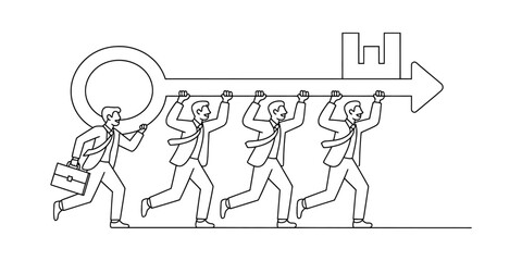 Group of businessmen running and collaborating to carry a giant key, symbolizing teamwork and success Vector, illustration