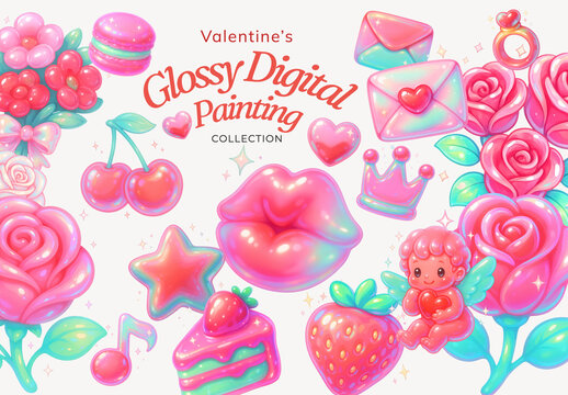 Glossy Valentine's Digital Design Set