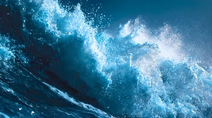 Powerful ocean wave breaking with dramatic blue water and white spray under a clear sky