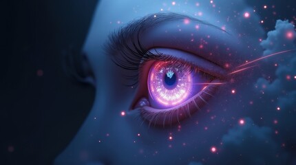 Cybernetic eye glowing in neon