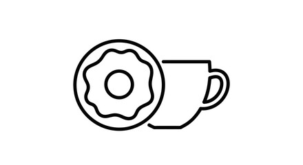 Minimalist Black Line Art Icon Of A Glazed Donut And Coffee Cup Isolated On White Background Representing Breakfast And Cafe Concept