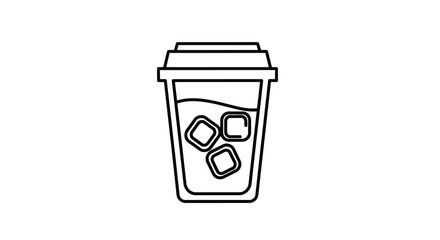 Minimalist Black And White Line Art Icon Of An Iced Coffee Cup With Lid And Three Ice Cubes Inside On White Background