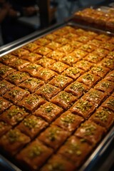 Tray of square pastries with pistachio topping