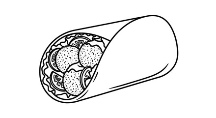 Black And White Line Drawing Of A Filled Wrap Or Taco With Lettuce And Sauce Isolated On White Background