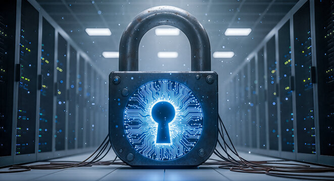 large digital padlock with glowing circuit board keyhole in data server room security cyber protection technology concept - Powered by Adobe