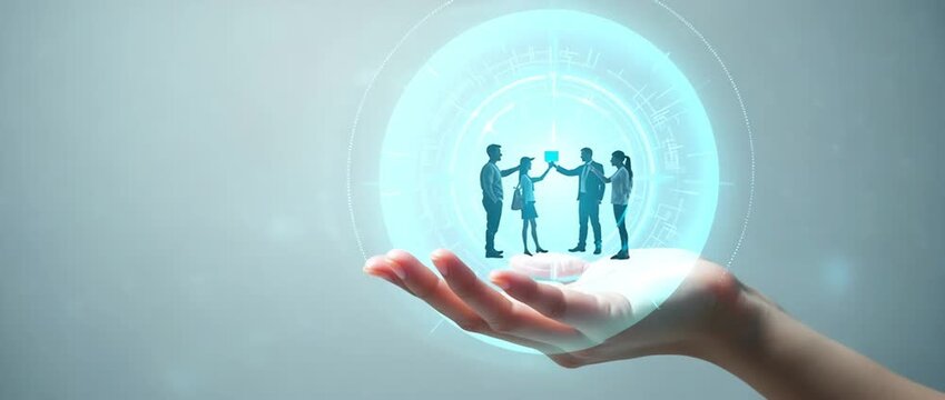 A futuristic hologram of a business team interacts dynamically above an open palm, with a slow camera pan and ambient digital lights flickering, creating a cinematic, tech-focused scene.