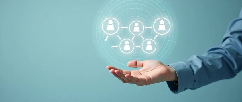 A hand gently moves beneath a floating digital network graphic, while the camera pans slowly across a minimalist blue background, creating a cinematic scene of innovation and connection.