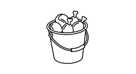 Minimalist Black Line Art Illustration Of A Fast Food Bucket Filled With Fried Chicken Drumsticks Isolated On A Clean White Background For Menu Design
