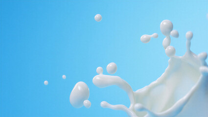 Splash of white liquid against a bright blue background with droplets flying through the air in all directions