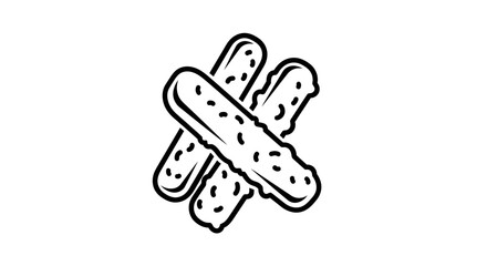 Fototapeta premium Minimalist Black Line Drawing Of Three Speckled Ladyfinger Biscuits Or Breadsticks Stacked In A Crisscross Pattern On White Background