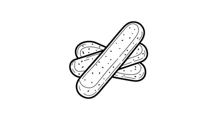 Black and white line drawing of three stacked ladyfinger biscuits or savoiardi cookies in a sketch style on white background