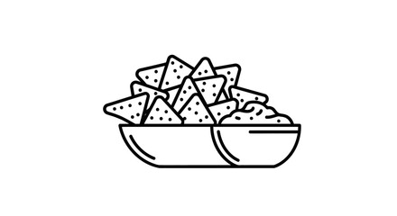 Minimalist Black And White Line Art Icon Of Tortilla Chips In A Bowl With Crunchy Texture And Simple Geometric Design On White Background