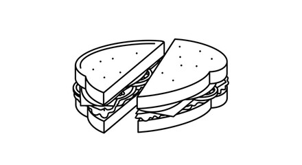 Minimalist Black And White Line Art Drawing Of A Sandwich Cut Diagonally Into Two Halves Showing Bread Lettuce And Meat Fillings On White Background