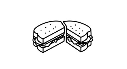 Minimalist Black And White Line Art Icon Of A Sandwich Cut In Half Showing Layers Of Bread Lettuce And Filling On White Background