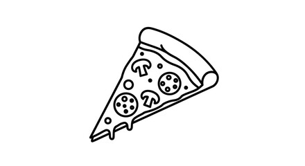 Minimalist Black And White Line Art Illustration Of A Single Slice Of Pizza With Pepperoni And Mushroom Toppings Dripping Cheese On White Background
