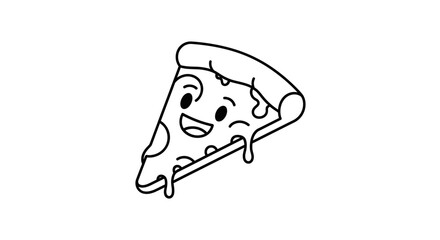 Cute Cartoon Pizza Slice Character With Happy Smiling Face And Dripping Cheese In Black And White Line Art Style Isolated On White Background