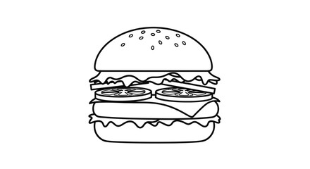 Detailed Outline Drawing of a Large Double Cheeseburger with Lettuce Tomato Onion and Sesame Seed Bun on a White Background