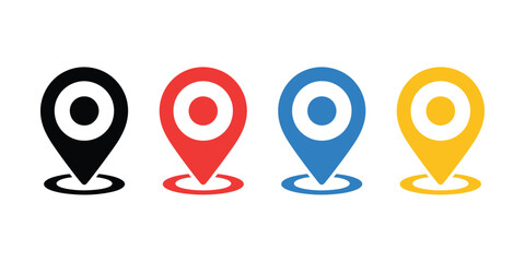 Black red blue yellow location pin symbols, with concentric circles map marker pointer representing ranking levels, priority status, order hierarchy and location based rank indicators for navigation 