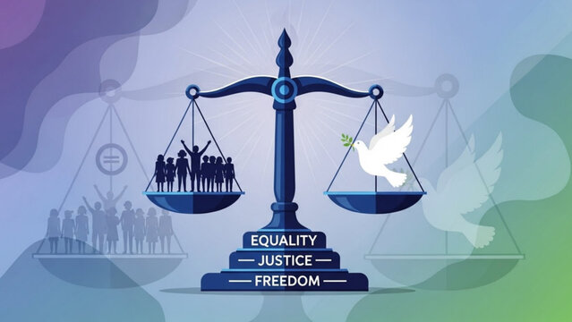 Scale of justice balancing people and dove on equality, freedom, and justice background
