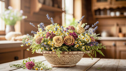 Rustic Bowl of Colorful Dried Flowers and Herbs on Wooden Table