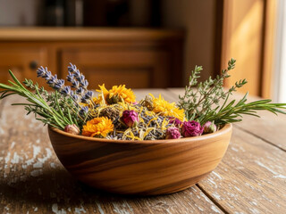 Rustic Bowl of Colorful Dried Flowers and Herbs on Wooden Table