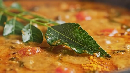 Vibrant and aromatic Indian curry simmering with fresh green curry leaves showcasing the rich texture and spicy flavors of traditional South Asian cuisine a delicious and authentic culinary experienc.