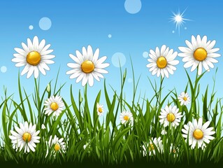 Sunny Meadow with Daisies Under Blue Sky