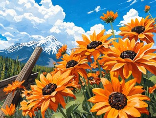 Vibrant Orange Flowers Against a Snowy Mountain Landscape