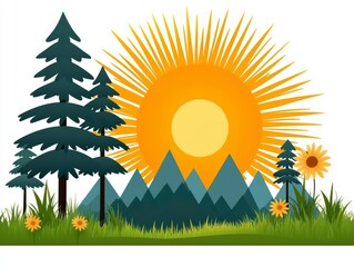 Bright Mountain Forest Sunrise Illustration