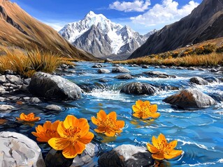 Vibrant Alpine River with Floating Flowers