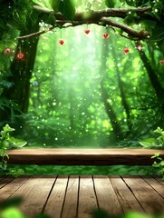 Magical Forest Scene with Wooden Display and Floating Hearts