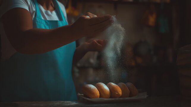 Chef dusting baked goods with powdered sugar in dimly lit kitchen setting - Powered by Adobe