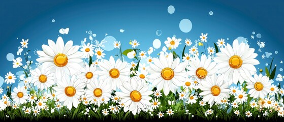 Cheerful Daisy Field with Blue Sky Background