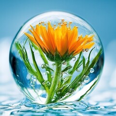 Vibrant Bloom in Water Sphere