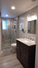 Modern Bathroom with Glass Shower and Marble Vanity