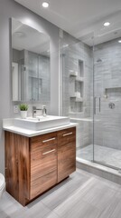 Modern Bathroom Interior with Wood Vanity and Glass Shower