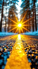 Golden Sunburst on a Winter Forest Road