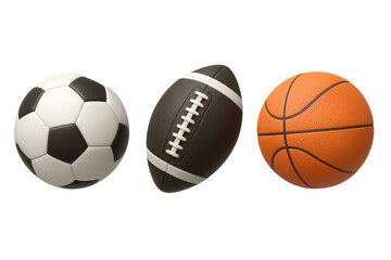 Three sports balls in a row representing various team games, including a soccer ball, american football, and basketball