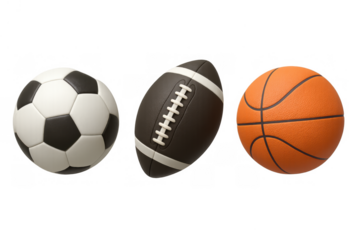 Three sports balls in a row representing various team games, including a soccer ball, american football, and basketball