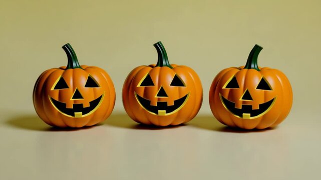 Three Happy Jack O Lantern Pumpkins in a Row Halloween 3D Render Animation