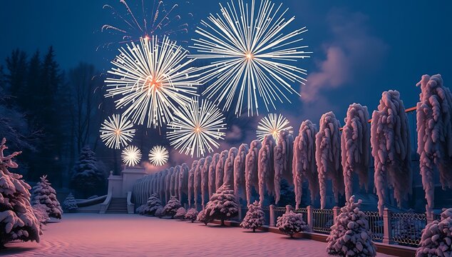 Fireworks, suspended, mid-air as frozen crystal sculptures above a calm, snowy garden